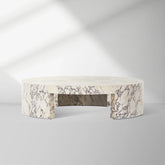 Veneta Round Carrara Marble Coffee Table Living Room Wood Center Tea Table