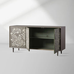 Divya Hand-Inlaid Bone Sideboard Oak Frame Buffet Table Jasmine Motif Living Room Entryways Cabinet