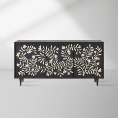Divya Hand-Inlaid Bone Sideboard Oak Frame Buffet Table Jasmine Motif Living Room Entryways Cabinet