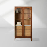 Linley Oak Wood Tall Display Cabinet Glass Door Bookcase with Drawers