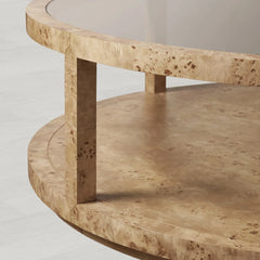 Corey Mappa Burl Round Coffee Table Glass Tabletop Cocktail Table Sofa Center Tea Table