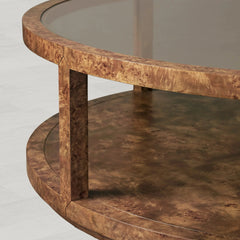 Corey Mappa Burl Round Coffee Table Glass Tabletop Cocktail Table Sofa Center Tea Table