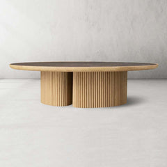 Astor Round Marble Top Coffee Table Wood Cocktail Table Reeded Oak Base Sofa Center Tea Table