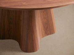 Cortina Wood Round Dining Table Sculptural Wave Base in American Walnut