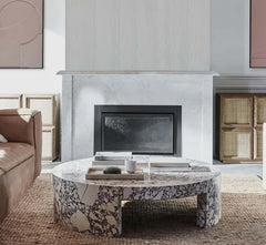 Veneta Round Carrara Marble Coffee Table Living Room Wood Center Tea Table