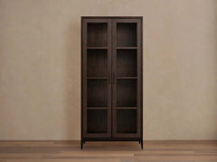 Malone Textured Leather Tall Display Cabinet Wood Storage Cabinet with Glass Doors