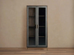 Malone Textured Leather Tall Display Cabinet Wood Storage Cabinet with Glass Doors