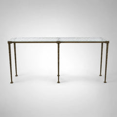 Sculptural Antique Brass Console Table with Hammered Metal Finish and Acrylic Top