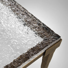 Sculptural Antique Brass Console Table with Hammered Metal Finish and Acrylic Top