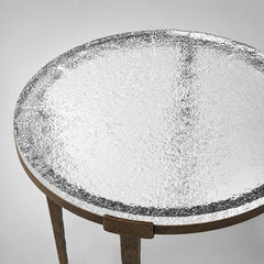 Sculptural Antique Brass Side Table with Hammered Metal Frame and Acrylic Top