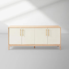 74" Oak Sideboard, Cerused Brass Linen Door Credenza