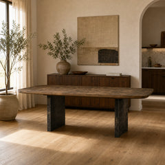 Polanco Wood Dining Table with Naturally Oxidized Steel panels Base