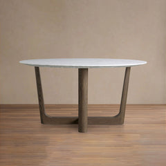 Saint Germain Carrara Marble Top Round Dining Table With Wood Rennes Base
