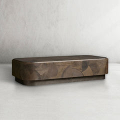 Polanco Ash Burl Plinth Coffee Table with Oxidized Steel Base