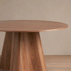 Cortina Wood Round Dining Table Sculptural Wave Base in American Walnut