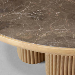 Astor Round Marble Top Coffee Table Wood Cocktail Table Reeded Oak Base Sofa Center Tea Table