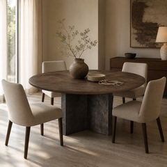 Polanco Wood Round Dining Table With Oxidized Steel Base