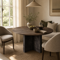 Polanco Wood Round Dining Table With Oxidized Steel Base