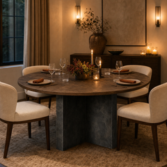 Polanco Wood Round Dining Table With Oxidized Steel Base