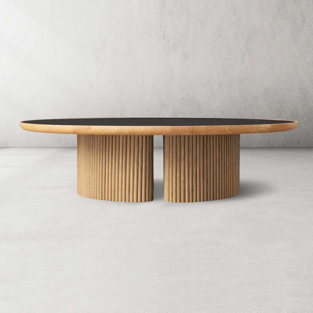 Astor Round Marble Top Coffee Table Wood Cocktail Table Reeded Oak Base Sofa Center Tea Table