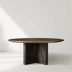 Polanco Wood Round Dining Table With Oxidized Steel Base