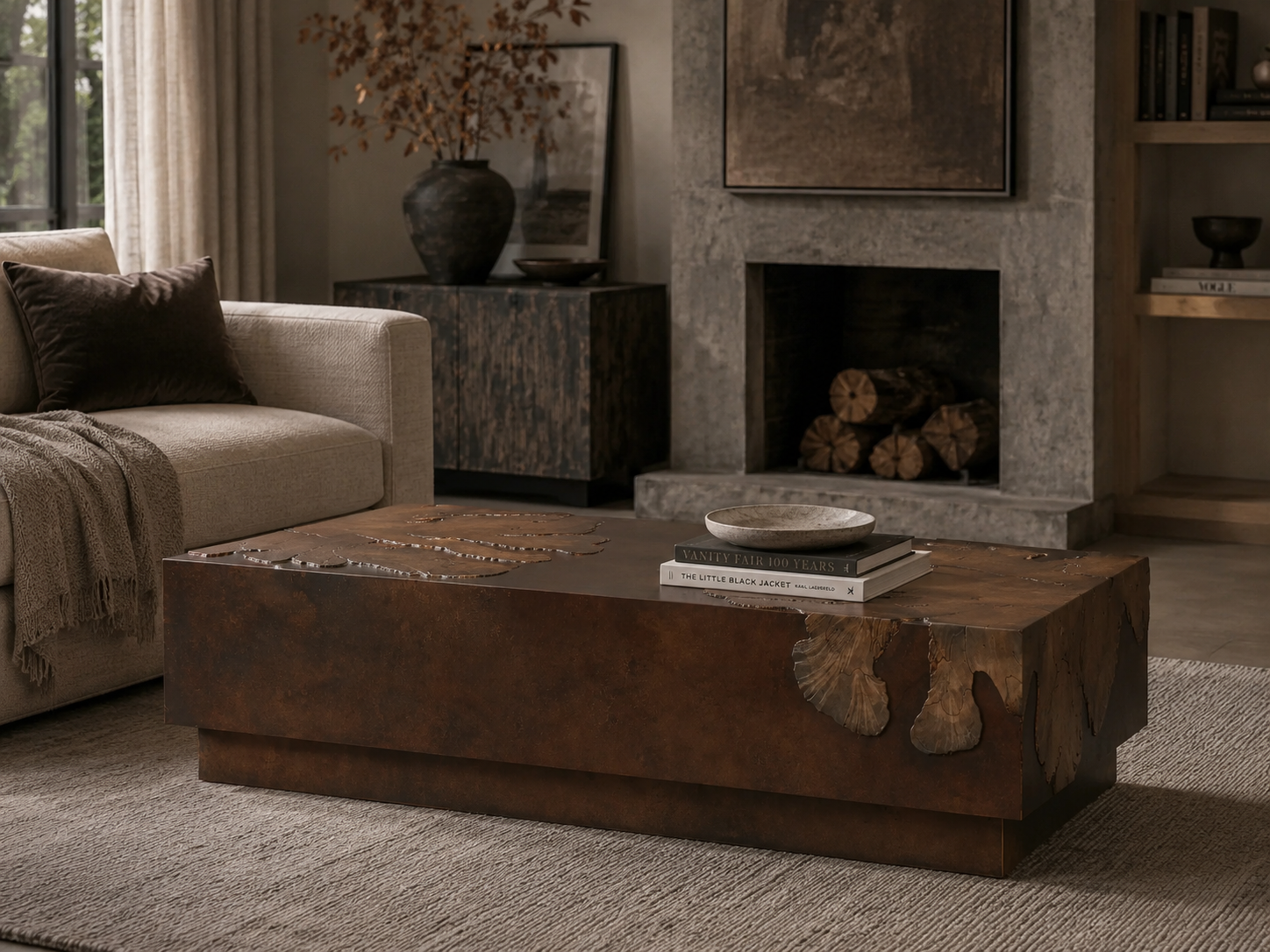 Obra Salvaged Burl Coffee Table Living Room Steel Base Cocktail Table Wood Center Tea Table