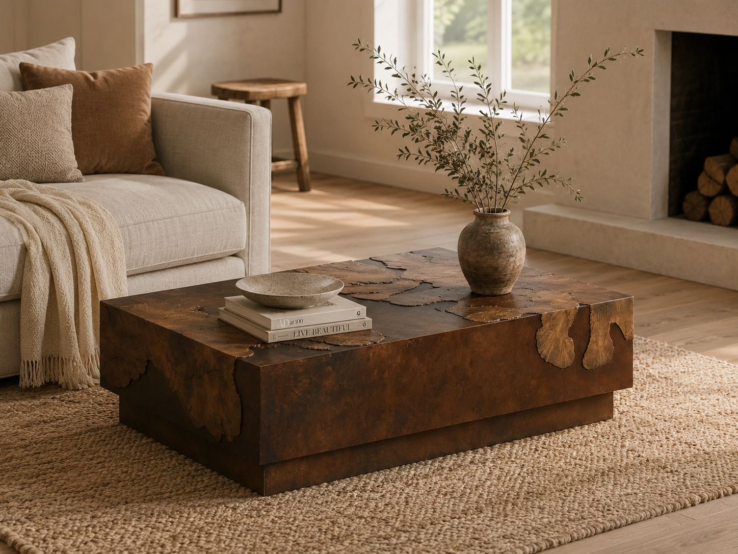 Obra Salvaged Burl Coffee Table Living Room Steel Base Cocktail Table Wood Center Tea Table
