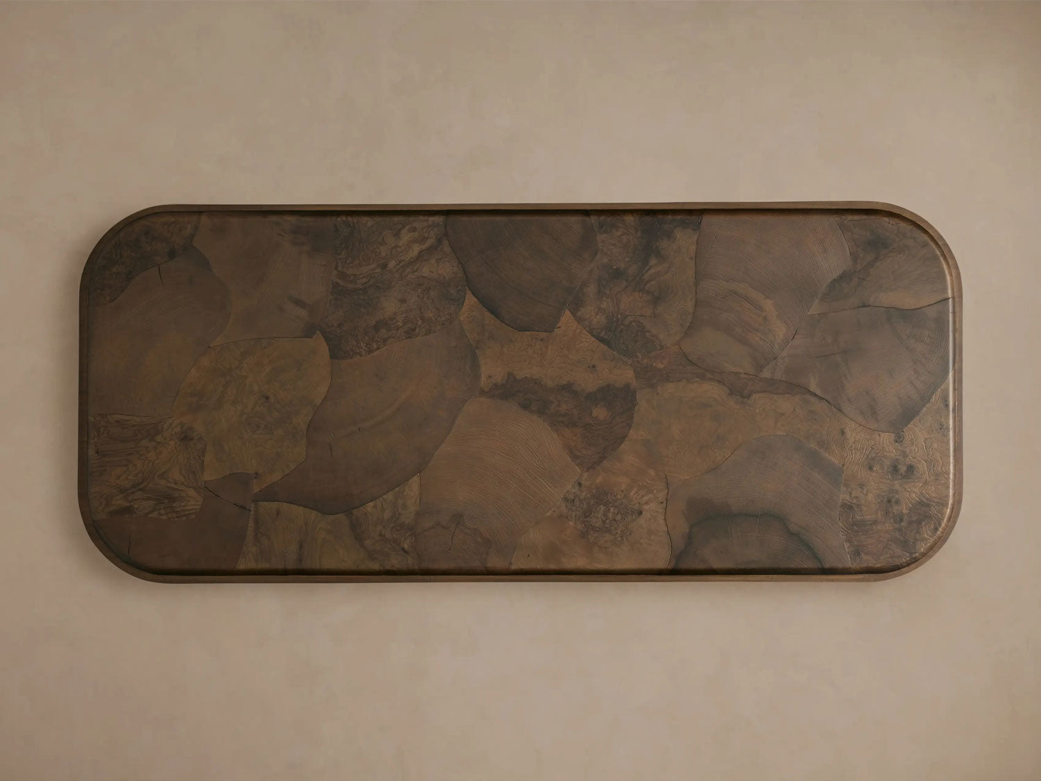 Polanco Ash Burl Plinth Coffee Table with Oxidized Steel Base