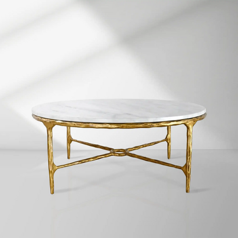 Thaddeus Gold Brass Round Coffee Table with Marble Top
