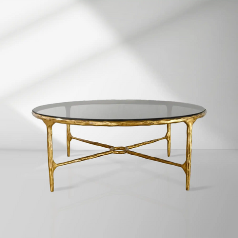 Thaddeus 36" 55" Round Hammered Metal and Glass Coffee Table