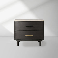 Danny Closed Nightstand Marble Top Bedside Table Brass Pulls Two-Drawer Chest