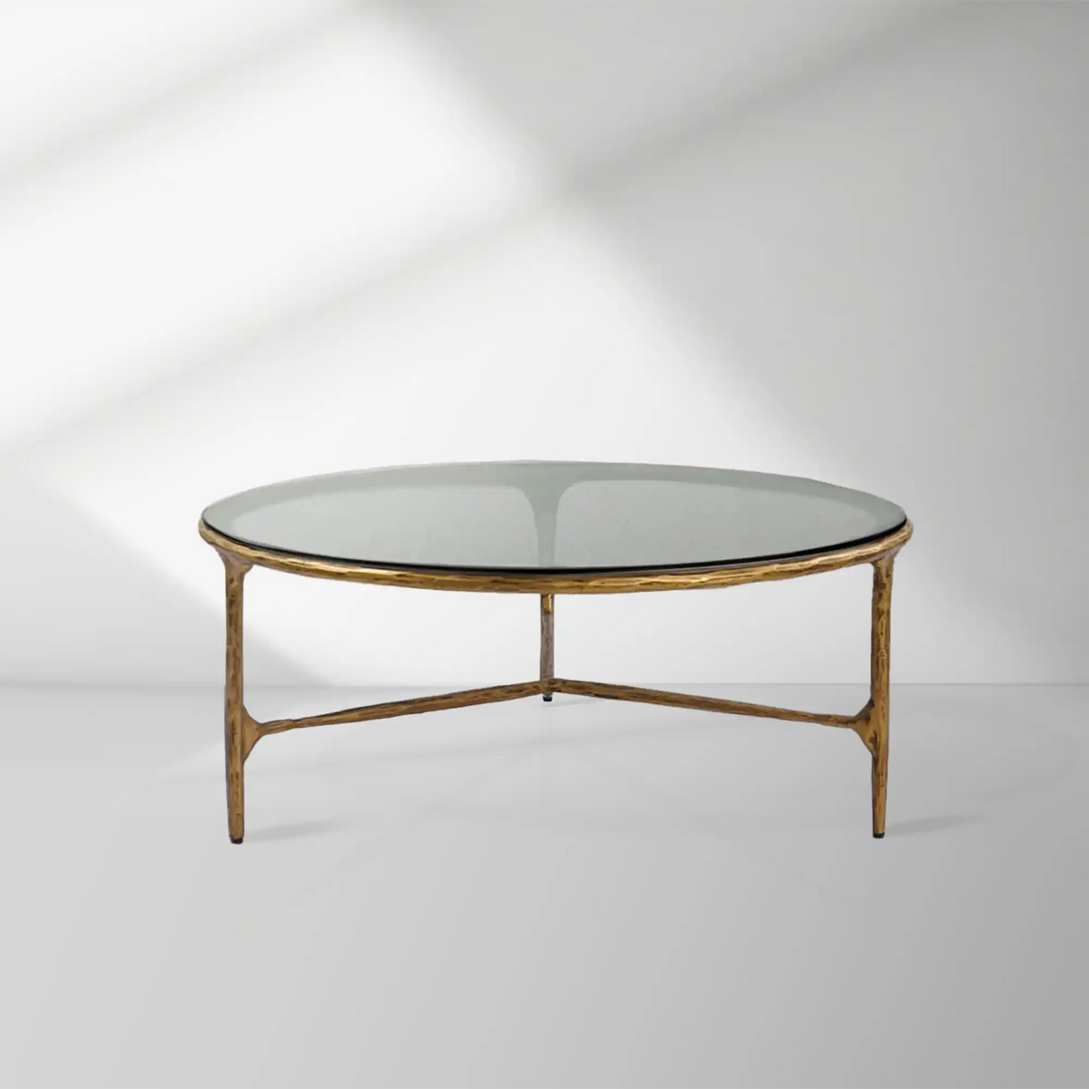 Thaddeus 35" Round Coffee Table with Brass Triple Leg Base Top and Tempered Glass