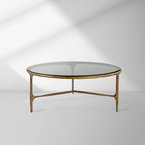 Thaddeus 35" Round Coffee Table with Brass Triple Leg Base Top and Tempered Glass
