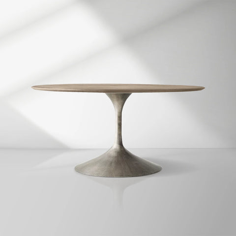 Aero Wood Round Dining Table with Arched Cast Steel Base