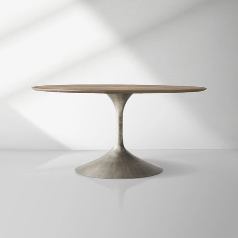 Aero Wood Round Dining Table with Arched Cast Steel Base