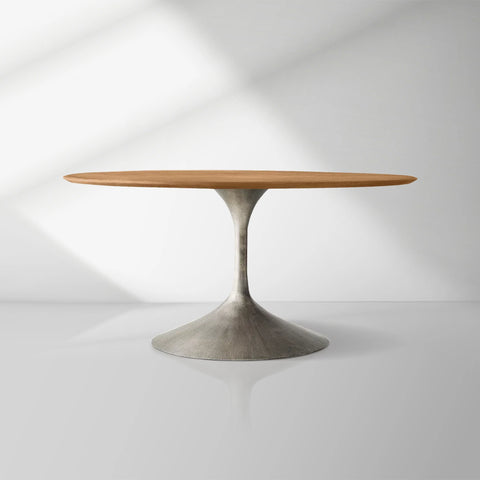 Aero Wood Round Dining Table with Arched Cast Steel Base