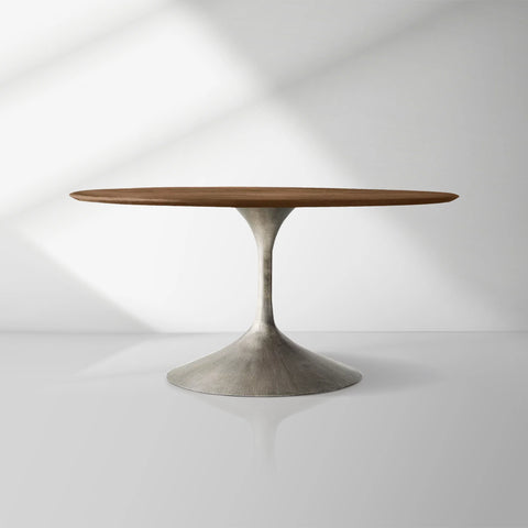 Aero Wood Round Dining Table with Arched Cast Steel Base