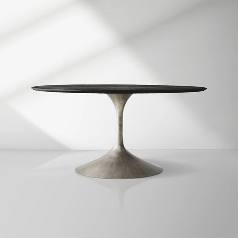 Aero Wood Round Dining Table with Arched Cast Steel Base