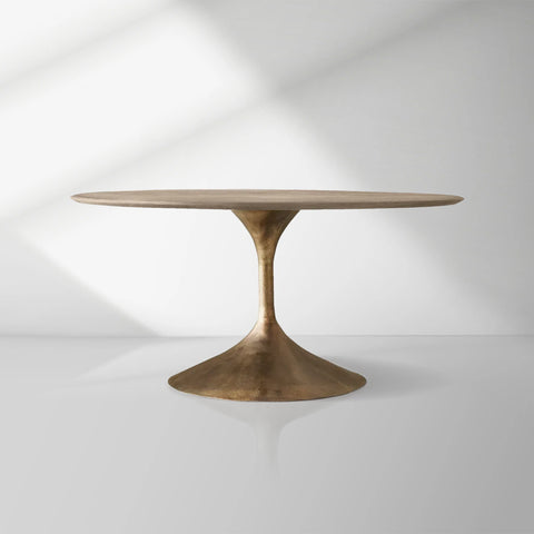 Aero Wood Round Dining Table with Arched Cast Steel Base