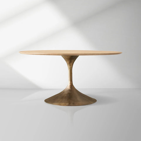 Aero Wood Round Dining Table with Arched Cast Steel Base