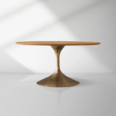 Aero Wood Round Dining Table with Arched Cast Steel Base