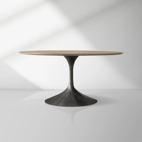 Aero Wood Round Dining Table with Arched Cast Steel Base