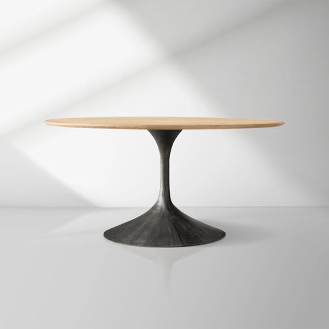 Aero Wood Round Dining Table with Arched Cast Steel Base