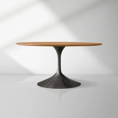 Aero Wood Round Dining Table with Arched Cast Steel Base