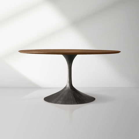 Aero Wood Round Dining Table with Arched Cast Steel Base