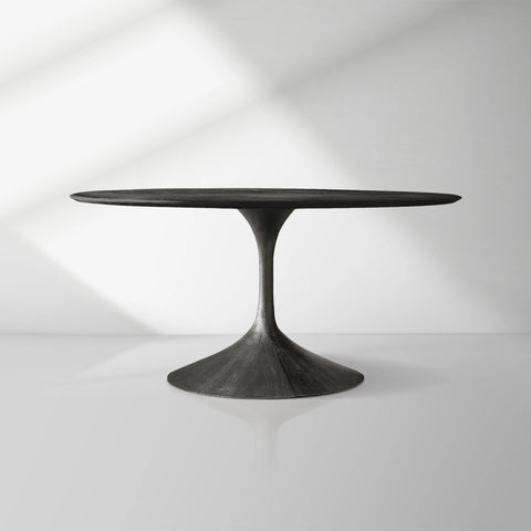Aero Wood Round Dining Table with Arched Cast Steel Base