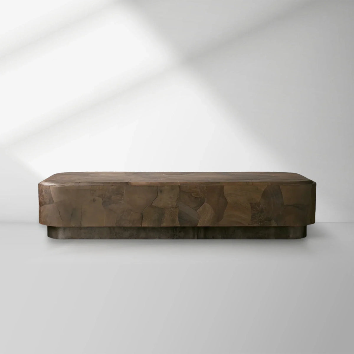 Polanco Ash Burl Plinth Coffee Table with Oxidized Steel Base