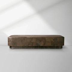 Polanco Ash Burl Plinth Coffee Table with Oxidized Steel Base