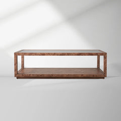 Corey Mappa Burl Wood Coffee Table Glass Tabletop Cocktail Table Rectangle Sofa Center Tea Table