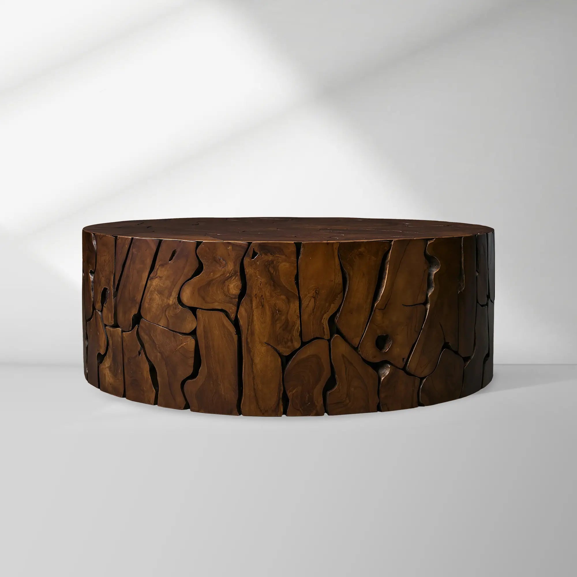 Kalmar Natural Teak Round Coffee Table Hand-Assembled Slices Cocktail Table Unique Living Room Center Tea Table